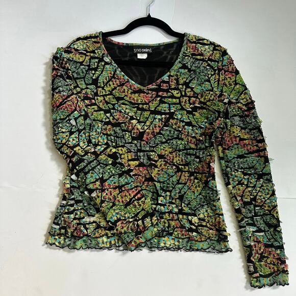 SNO SKINS Top S Multicolored Sheer Long Sleeve USA Made Boho Funky Wearable Art - Picture 2 of 8